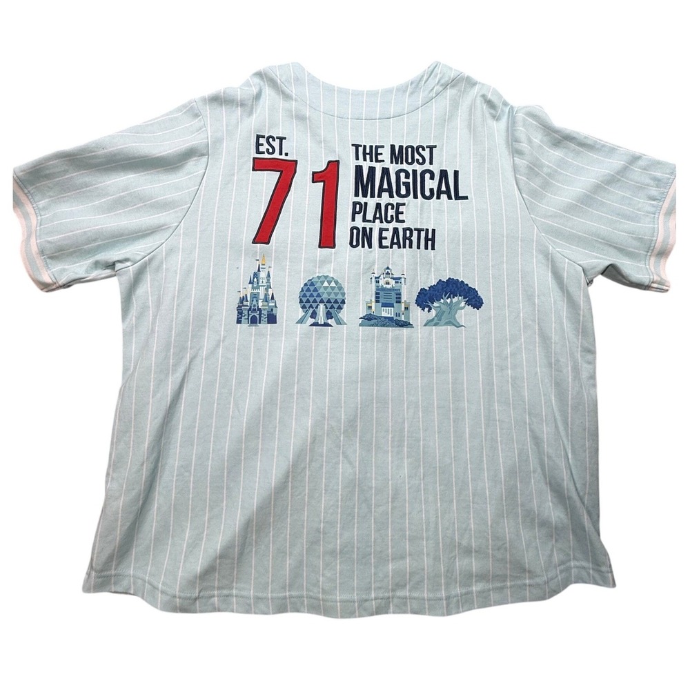 Disney World Baseball Jersey Blue Pinstripe Est 71 Magical Place Mens XXL READ